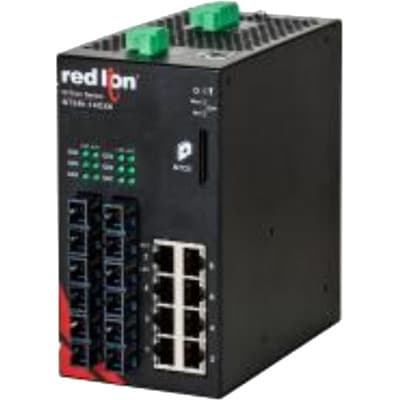 Red Lion NT24K-14GXE6-SC-80-PT Red Lion NT24k-14GXE6-SC-80-PT is an all-Gigabit (GbE/GigE) industrial managed Ethernet switch designed for robust and complex network environments. It supports SNMP v1, v2, v3, and Web Browser Management for comprehensive network control and monitoring, alongside SSH/SSL/HTTPS for secure communication. The device features IEEE 802.1x with RADIUS Remote Server Authentication, Multi-Member N-Ring Technology with 30ms Healing, N-Link Redundant Ring Technology, and N-View Monitoring Technology for enhanced network reliability and visibility. It is equipped with EtherNet/IP CIP Messaging, Web configuration, IGMP Auto Configuration, 802.1Q tag VLAN and Port VLAN, 802.1p QoS and Port QoS, SNTP, Event Log/Syslog, Port Trunking, and Port Mirroring for advanced network management. The switch has a capacity for 16k MAC addresses and offers ESD + Surge protection on power inputs for increased durability. It is designed for DIN rail mounting, operates within an ambient air temperature range of -40 to +85°C, and is housed in a metallic case. The connection interface includes 8 x RJ45 ports (10/100/1000BaseTX) and 6 x SC fiber optic connectors (single-mode; 1000BaseFX; 80km rated optical fiber), catering to a diverse range of network configurations. The NT24k-14GXE6-SC-80-PT operates on a supply voltage of 10-49Vdc (12Vdc / 24Vdc / 48Vdc), making it versatile for various industrial power supplies. NT24K-14GXE6-SC-80-PT on Powermatic Associates