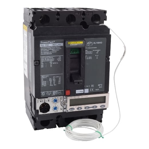 Schneider Electric HJL36150U53X Square D by Schneider Electric HJL36150U53X is a Moulded Case Circuit Breaker (MCCB) within the PowerPacT HJL sub-range, featuring a PowerPact H-Frame 150 Micrologic 5.2E (LSI) design. It is a 3-pole (3P) device with a rated current of 150A and offers a connection type of lugs on both load and line sides. The breaker is designed for individual unit mount on plate, with a net height of 163 mm, width of 104 mm, and depth of 86 mm. It provides protection functions including Long-time (L), Short-time with fixed time delay (S), Instantaneous (I), and Zone Selective Interlocking (ZSI). The rated insulation voltage (Ui) is 750 V, with AC rated voltages of 600Vac and 600Y/347Vac, and a DC rated voltage of 250Vdc. It has a degree of protection of IP40 and operates manually via a toggle. Protection settings are adjustable for overload (L), short-circuit with time delay (S), and instantaneous short-circuit (I). The rated operating voltage (Ue) is 690 V, with a rated impulse voltage (Uimp) of 8 kV. The trip current rating is 150 AT, with a frame current rating of 150 AF. Short circuit breaking ratings vary by voltage, including 100kA at 240Vac, 65kA at 480Vac and 480Y/277Vac, 25kA at 600Vac and 600Y/347Vac, and 20kA at 250Vdc, all according to UL489 standards. The trip unit type is an electronic Micrologic Energy 5.2E (LSI) with an LCD display, offering measurement functions for current, voltage, power, energy metering, power quality, and harmonic analysis. It falls under utilisation category A. HJL36150U53X on Powermatic Associates