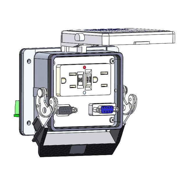 Mencom DHGF-2DB9-32 Panel Interface Connector with GFCI outlet, 9 pin D-sub connected to a 3 pin Blue hose connection for Data Highway, DB9, in a 32 housing DHGF-2DB9-32 on Powermatic Associates