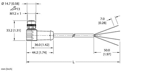 Turck EKWP-A4.400-XR8Y-15 Actuator and Sensor Cordset, Connection Cable, Cable length (L) 15 m, M12, Female, Right angle, 4-pin, Flexible Service Cable, Yellow CPE jacket, 4X18 AWG, Sunlight Resistant, -50 Cold Bend Rating, Oil Resistant, Flame Ratings: UL 1060, CSA FT1 EKWP-A4.400-XR8Y-15 on Powermatic Associates