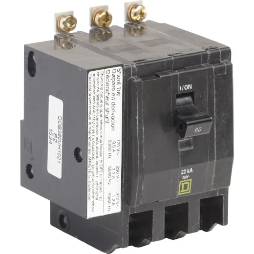 Schneider Electric QOB360VH1021 Square D by Schneider Electric QOB360VH1021 is a Miniature Circuit Breaker (MCB) featuring a shunt trip coil. It is designed for bolt-on mounting and utilizes a bolt-on connection for installation. This MCB is rated for a current of 60A and supports a voltage range of 120V to 240V AC. It is compatible with cable cross-sections of 8-2AWG for both aluminum and copper wires and is equipped with three poles. The control voltage for the shunt trip coil ranges from 120Vac to 208Vac. It has a short circuit breaking rating of 22kA at 240Vac and incorporates box lugs as the type of terminals. QOB360VH1021 on Powermatic Associates