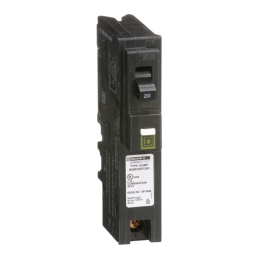 Schneider Electric HOM120PCAFI Square D by Schneider Electric HOM120PCAFI is an arc fault detection interrupter (AFI) that serves as both a combination arc-fault circuit breaker (CAFI) and a miniature circuit breaker (MCB). It features a plug-in connection type and is designed for single pole applications. This breaker is rated for 20A and operates at a voltage of 120V AC. It is designed for plug-in mounting and can accommodate wire sizes from 14-8AWG for one aluminum or copper cable and 14-10AWG for two copper cables. The HOM120PCAFI has a short circuit breaking rating of 10kA at 120Vac and utilizes screw clamp terminals for wire connections. HOM120PCAFI on Powermatic Associates