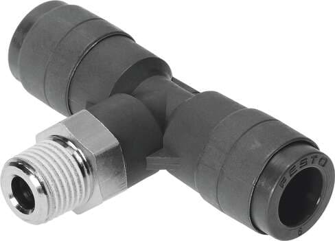 Festo 160530 push-in T-fitting QST-V0-3/8-12 360° orientable, male thread with external hexagon. Size: Standard, Nominal size: 10 mm, Material fire test: (* UL94 V-0 (housing), * UL94 V-0 (releasing ring)), Type of seal on screw-in stud: coating, Design structure: Pus 160530 on Powermatic Associates