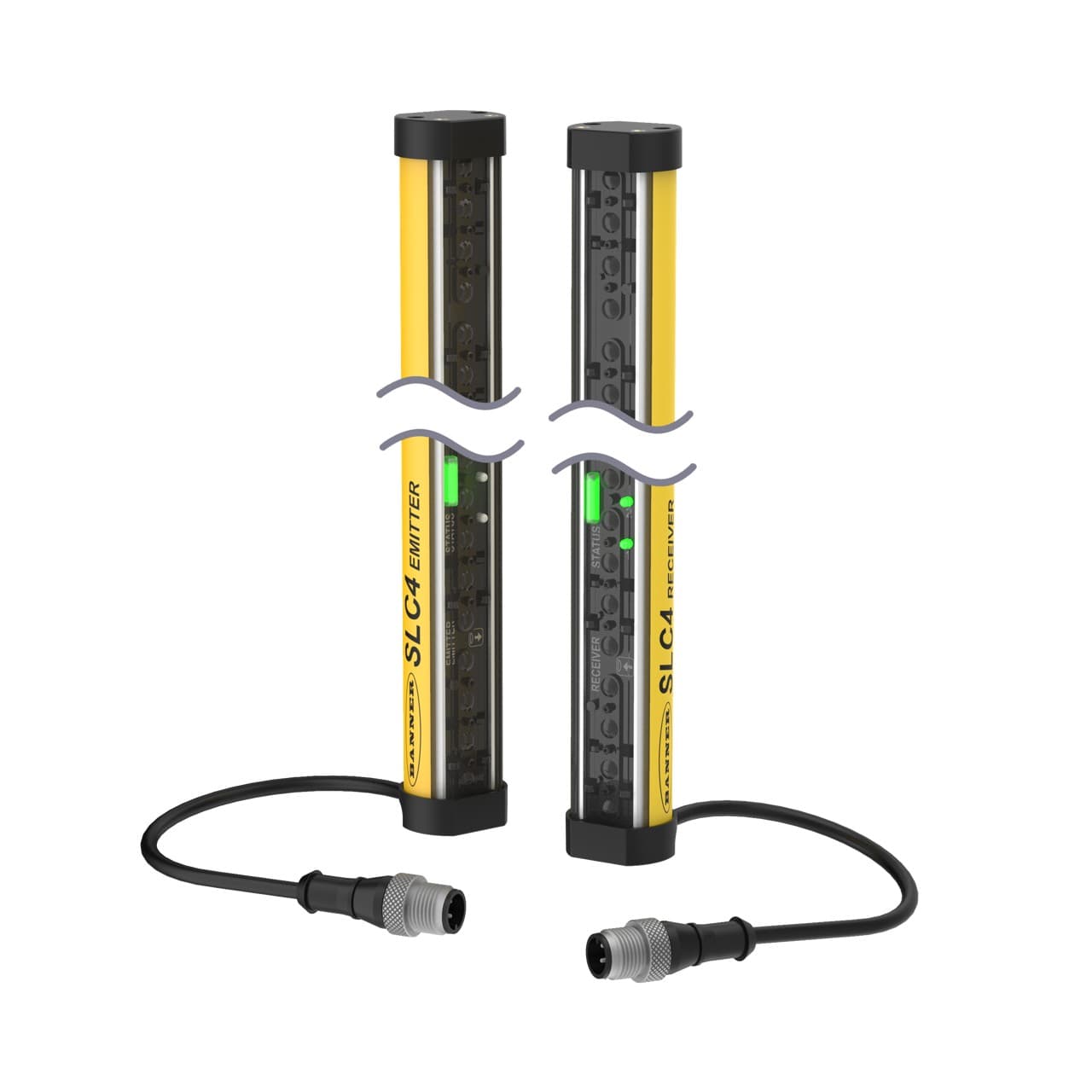 Banner SLC4P14-160P44 Banner Engineering SLC4P14-160P44 is a safety light curtain designed for finger detection with a resolution of 14mm, featuring both emitter and receiver pairs. It is constructed with a polycarbonate (PC) housing and end caps, and it comes pre-wired with a 300mm pigtail that terminates with a 4-pin Euro-style M12 connector. This part offers a protective height of 160mm and is housed in yellow. It operates on a 24Vdc supply voltage and can function within an ambient air temperature range of -20 to +55°C. The SLC4P14-160P44 is IP65 rated, indicating protection against dust ingress and low-pressure water jets from any direction. It has a net width of 27mm, a net height of 174mm, and a net depth of 23mm. The light curtain features a 14mm beam spacing/pitch and provides a sensing distance ranging from 10cm to 2m. It emits infrared (IR) light with a wavelength of 860 nm and includes 2 x digital outputs (24Vdc; 300mA; sourcing; redundant OSSD solid-state outputs) for connectivity. SLC4P14-160P44 on Powermatic Associates