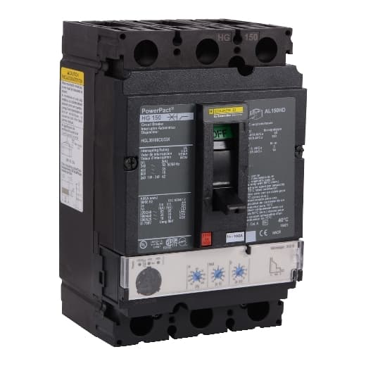 Schneider Electric HGL36100CU33X Square D by Schneider Electric HGL36100CU33X is a Moulded Case Circuit Breaker (MCCB) within the PowerPacT HGL sub-range, featuring a PowerPact H-Frame 150 Micrologic 3.2S (LSI) design. It is a 3-pole (3P) device with a rated current of 100A and offers protection functions including Long-time (L), Short-time with fixed time delay (S), and Instantaneous (I) protection. The breaker is designed for individual unit mount on plate, with lugs on both load and line sides for connection. It has a rated insulation voltage (Ui) of 750 V, rated voltages of 600Vac 600Y/347Vac and 500Vdc, and a degree of protection of IP40. The operating mode is manual toggle. Protection settings are adjustable with L protection ranging from 0.35 to 1 x In (35A to 100A), S protection from 1.5 to 10 x Ir (150A to 1000A), and I protection from 1.5 to 15 x In (150A to 1500A). The rated operating voltage (Ue) is 690 V, with a rated impulse voltage (Uimp) of 8 kV. Dimensions are 163 mm in height, 104 mm in width, and 86 mm in depth. The trip current rating is 100 AT, with a frame current rating of 150 AF. Short circuit breaking ratings include 65kA at 240Vac, 35kA at 480Vac and 480Y/277Vac, 18kA at 600Vac and 600Y/347Vac, and 20kA at 250Vdc and 500Vdc, all according to UL489 standards. The trip unit type is an electronic Micrologic Standard 3.2S (LSI) with no display, and it falls under utilisation category A. HGL36100CU33X on Powermatic Associates