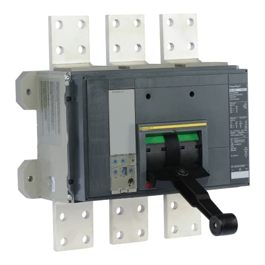 Schneider Electric RGF36250CU33A Square D by Schneider Electric RGF36250CU33A is a Molded Case Circuit Breaker (MCCB) designed for mounting on a mounting plate. It features a rated current of 2500A and connects via a busbar. This MCCB is part of the PowerPact RGF sub-range and operates at a rated voltage of 600 V AC. It is a 3 Pole device offering protection functions including Long-time (L), Short-time with fixed time delay (S), and Instantaneous (I) protection. The trip current rating is set at 2500 AT with a frame current rating of 3000 AF. It has a short circuit breaking rating of 65kA at 240Vac, 35kA at 480Y/277Vac and 480Vac, and 18kA at 600Y/347Vac and 600Vac. All three poles are protected, and it utilizes a Micrologic 5.0 (LSI) Electronic trip unit type. RGF36250CU33A on Powermatic Associates