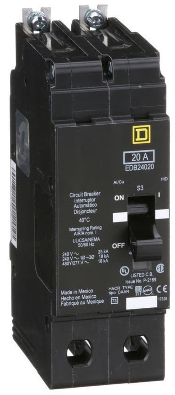 Schneider Electric EDB24020 Square D by Schneider Electric EDB24020 is a Miniature Circuit Breaker (MCB) designed for bolt-on mounting with a visual trip indicator. It features lugs type terminals and operates at a rated voltage of 480 V AC. This MCB serves as both an Equipment Protection Device (EPD) and a Circuit Breaker (CB) with a breaking capacity code D. It offers short-circuit and overload protection, utilizing an aluminium lugs connection. The EDB24020 is rated for 20A and is a 2 Pole device, accommodating a cross-section of 14-6AWG for one copper cable. It has a short circuit breaking rating of 25kA at 120Vac and 240Vac, and 18kA at 480Y/277Vac. The thermal-magnetic trip unit type has protection settings with a trip unit rating of 875A. EDB24020 on Powermatic Associates