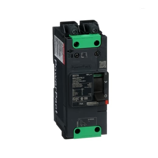 Schneider Electric BDL26070LU Square D by Schneider Electric BDL26070LU is a Moulded Case Circuit Breaker (MCCB) within the PowerPacT BDL sub-range, featuring a PowerPact B-Frame 100 TMD 2P 70A 600Y/347Vac with a 14kA breaking capacity and Everlink (Creep compensating) lugs on both line and load sides, plus a Control Wire terminal (CWT) on the line side only. It has a rated impulse voltage (Uimp) of 8 kV, an IP40 degree of protection, and a rated current of 70A. The device operates at a rated voltage of 600Vac 600Y/347Vac, with a mechanical durability of 20,000 operations and can be mounted on a DIN rail or as an individual unit on a plate. It features 2 poles (2P), with dimensions of 137 mm in height, 80 mm in depth, and 54 mm in width. The MCCB is categorized under utilization category A and offers protection settings including over-current fixed at 70A, short-circuit hold current fixed at 640A, and short-circuit trip current fixed at 960A. It also provides thermal protection (overload) and magnetic protection (short-circuit) with a trip current rating of 70 AT. The electrical durability with load is rated at 10,000 operations at 440Vac; In, with a frame current rating of 100 AF. The operating mode is manual toggle, and it has a short circuit breaking rating of 25kA at 240Vac, 18kA at 480Vac, 18kA at 480Y/277Vac, 14kA at 600Y/347Vac according to UL489 standards, and 10kA at 250Vdc. The trip unit type is thermal-magnetic (fixed) with no display. BDL26070LU on Powermatic Associates