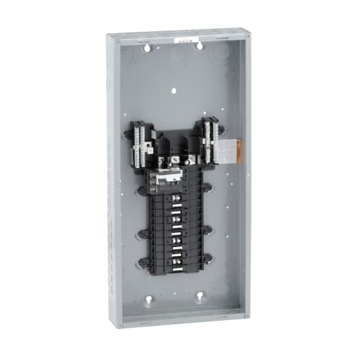 Schneider Electric QO327M100 Square D by Schneider Electric QO327M100 is a load center designed for three-phase (3PH-3W/4W) networks, with a rated voltage of 120Vac/240Vac and a rated current of 100A. It features a connection type of lugs and offers 27 spaces for single pole circuits. The dimensions of this load center are H758mm x W362mm (H29.84" x W14.25"), and it is constructed from welded sheet steel for the enclosure and tin-plated copper for the busbar, ensuring compatibility with 4AWG to 2/0AWG aluminum and copper lugs. It is designed to provide a degree of protection classified as NEMA 1 and has a short circuit breaking rating of 25kA. QO327M100 on Powermatic Associates