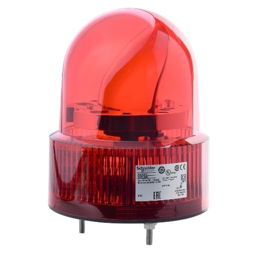 Schneider Electric XVR12B04 Schneider Electric XVR12B04 is a revolving warning light, part of the XVR sub-range, designed with a round dome shape. It functions as a rotating mirror beacon with a light color of red. This model offers a degree of protection rated at IP23, ensuring it is protected against solid objects larger than 12.5 mm and spraying water. It operates with a control voltage of 24 Vac and 24 Vdc, and a supply voltage of both 24 V AC and DC. The diameter of the device is 120 mm, making it suitable for various industrial applications where visual warning signals are required. XVR12B04 on Powermatic Associates