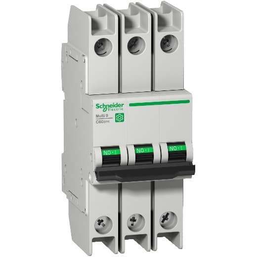 Schneider Electric M9F53308 Schneider Electric M9F53308 is a Miniature Circuit Breaker (MCB) within the C60BPR sub-range, designed to comply with UL489 standards. This 3-pole MCB has a rated current of 8A and features a rated insulation voltage (Ui) of 500V, with a rated impulse voltage (Uimp) of 6kV. It offers a short circuit breaking rating of 14kA AIR at both 120Vac and 240Vac, and 10kA AIR at 480Y/277Vac and 125Vdc. The rated voltage (AC) for phase-to-phase applications is 440V. All three poles are protected, and it operates with a D tripping curve. M9F53308 on Powermatic Associates