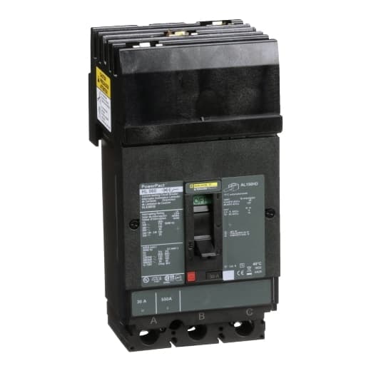 Schneider Electric HLA36030 Square D by Schneider Electric HLA36030 is a Moulded Case Circuit Breaker (MCCB) within the PowerPacT HLA sub-range, featuring a PowerPact H-Frame 150 TMD 3P 30A 600Vac/500Vdc 50kA I-line ABC 80% rated design. It offers a 3-pole (3P) configuration with thermal protection for overload and magnetic protection for short-circuit scenarios. The rated current is 30A, with a rated insulation voltage (Ui) of 750 V and rated voltages of 600Vac 600Y/347Vac for AC and 500Vdc for DC. This MCCB mounts on I-line with line side isolated plug-on jaws plus a mechanical I-Line bracket mechanism, ensuring a robust attachment. It has a net height of 163 mm, a width of 104 mm, and a depth of 86 mm. The degree of protection is IP40, with a toggle (manual) operating mode. Protection settings include over-current fixed at 30A, short-circuit hold current fixed at 350A, and short-circuit trip current fixed at 750A. The rated operating voltage (Ue) is 690 V, with a rated impulse voltage (Uimp) of 8 kV. The trip current rating is 30 AT, with a frame current rating of 150 AF. It has a short circuit breaking rating of 125kA (240Vac; UL489), 100kA (480Vac; UL489), 100kA (480Y/277Vac; UL489), 50kA (600Vac; UL489), 50kA (600Y/347Vac; UL489), 20kA (250Vdc; UL489), and 50kA (500Vdc; UL489). The trip unit type is thermal-magnetic (fixed) with no display, and it falls under the utilisation category A. HLA36030 on Powermatic Associates