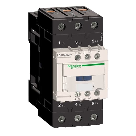 Schneider Electric LC1D40AP7 Schneider Electric LC1D40AP7 is a magnetic contactor from the Deca sub-range, featuring an EverLink(TM) terminal design and screw connections. It is a 3-pole (3P; 3NO) contactor with a rated current of 60A (AC-1) and 40A (440Vac; AC-3). Designed for DIN rail mounting, it has a net width of 55 mm and offers a degree of protection of IP20. The control voltage (AC) ranges from 184-253Vac (230Vac nom.; 50Hz; 0.8...1.1 x Uc) to 195.5-253Vac (230Vac nom.; 60Hz; 0.85...1.1 x Uc), with a rated operating voltage (Ue) of 690 V. It includes 1 Normally Open (NO) auxiliary contact and 1 Normally Closed (NC) auxiliary contact, both of the instantaneous type (1NO+1NC). The rated impulse voltage (Uimp) is 6 kV. Its rated active power (kW) spans from 11kW (220-230Vac; AC-3) to 30kW (660-690Vac; AC-3), and the rated power (HP) ranges from 3HP (115Vac; single-phase; 50Hz/60Hz; UL/CSA) to 30HP (575-600Vac; 3-phase; 50Hz/60Hz; UL/CSA). The mechanical durability at no load is 6,000,000 operations, and the electrical durability with load is 1,500,000 operations. The rated voltage (AC) - phase-to-phase is 690 V. LC1D40AP7 on Powermatic Associates