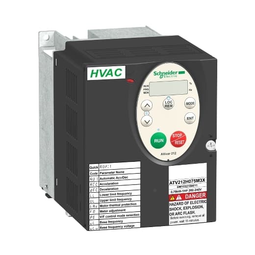 Schneider Electric ATV212H075N4 Schneider Electric ATV212H075N4 is a Variable Speed/Frequency Drive (VSD/VFD) / Inverter from the Altivar 212 series, designed for variable speed and frequency control with a U/F ratio (2 points / energy saving) and sensorless flux vector control (standard / energy saving), capable of delivering 120% of the nominal motor torque. It features a built-in EMC filter (class C2 / class C3) and a built-in heatsink. The supply voltage ranges from 323-528Vac (380Vac / 400Vac / 480Vac / 500Vac nom.), with dimensions of H143mm x W107mm x D150mm and a degree of protection of IP21 UL type 1. The rated current is 2.2A (480Vac; 0.75kW) with a 1.4A max. current (for 60s). It supports wall mounting and uses the Modbus, Metasys N2, Apogee FLN, and BACnet communication protocols. The network is 3-phase (3P) with an output frequency of 0.5-200 Hz. It includes 1 x analog output (0-10Vdc / 0-20mA), 1 x digital input (24Vdc; sink/source) (RES), 1 x digital input (24Vdc; sink/source) (R), 1 x digital input (24Vdc; sink/source) (F), 1 x digital output (C/O SPDT relay contact) (FL), 1 x digital output (NO relay contact) (RY), and 2 x analog inputs (0-10Vdc / 0-20mA / 4-20mA and 0-10Vdc / PTC). The current consumption is 1.7A (380Vac) and 1.4A (480Vac), with a rated active power of 750W / 0.75kW, rated power of 1HP, and power dissipation/losses of 55 W. ATV212H075N4 on Powermatic Associates