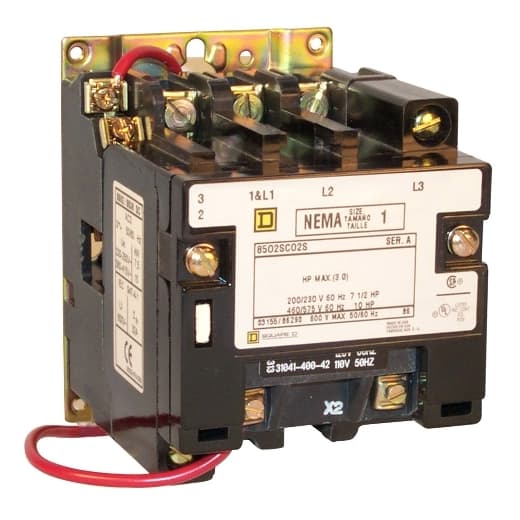 Schneider Electric 8502SCO2V07 NEMA Contactor, Type S, nonreversing, Size 1, 27A, 10 HP at 575 VAC, 3 phase, up to 100 kA, 3 pole, 600 VAC coil, open 8502SCO2V07 on Powermatic Associates