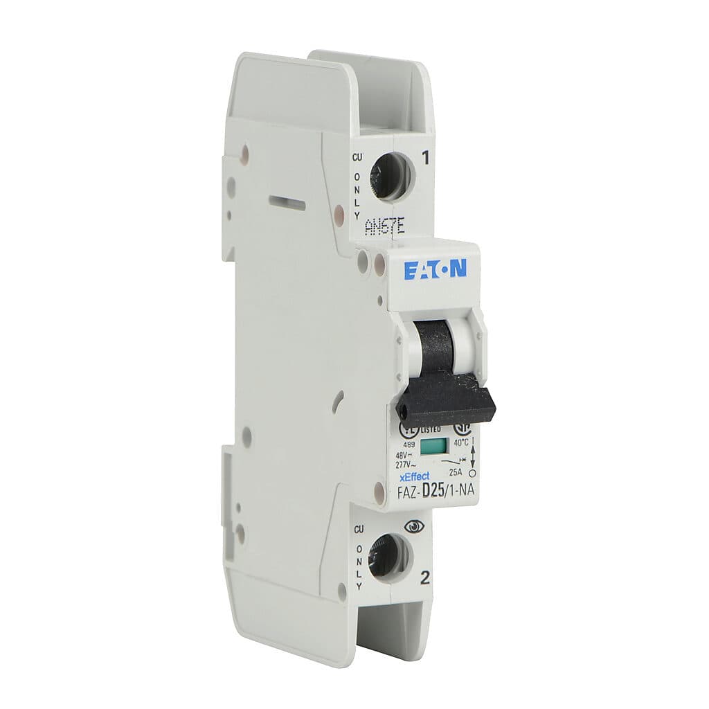 Eaton FAZ-D25/1-NA-SP Eaton FAZ branch protector,UL 489 Industrial miniature circuit breaker - supplementary protector,Single package,High levels of inrush current are expected,25 A,10 kAIC,Single-pole,277 V,10-20X /n,Q38,50-60 Hz,Screw terminals,D Curve FAZ-D25/1-NA-SP on Powermatic Associates