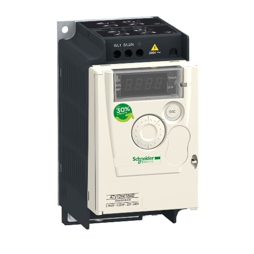 Schneider Electric ATV12H037M2TQ Schneider Electric ATV12H037M2TQ is a Variable Speed/Frequency Drive (VSD/VFD) / Inverter from the Altivar 12 series designed with a built-in heatsink. It operates on a supply voltage of 170-264Vac, compatible with 200Vac, 220Vac, 230Vac, and 240Vac nominal values. This model features dimensions of H143mm x W72mm x D121.2mm and offers an IP20 degree of protection. It has a rated current of 2.4A at 4kHz and can handle a maximum current of 3.6A for up to 60 seconds. The ATV12H037M2TQ supports wall mounting and uses the Modbus communication protocol over a single-phase network. It outputs frequencies ranging from 0.1 to 400 Hz and operates efficiently in ambient air temperatures ranging from -10 to +40°C without derating. The device includes 1 analog output (0-10Vdc / 0-20mA), 4 digital inputs (24Vdc; sink/source), 2 digital outputs (24Vdc; sink/source and C/O SPDT relay contact), and 1 analog input (0-5Vdc / 0-10Vdc / 0-20mA). It consumes 5.9A at 200Vac and 4.9A at 240Vac, with a rated active power of 370W / 0.37kW and a horsepower rating of 1/2HP. Power dissipation/losses are calculated at 18 W. ATV12H037M2TQ on Powermatic Associates