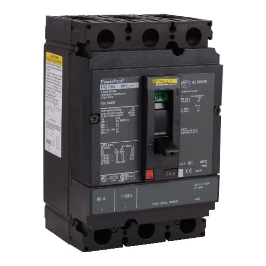 Schneider Electric HGL36060T Square D by Schneider Electric HGL36060T is a Moulded Case Circuit Breaker (MCCB) within the PowerPacT HGL sub-range. It features a removable/interchangeable trip unit PowerPacT H-Frame 150 TMD, designed for 3-pole (3P) configurations with a rated current of 60A. This MCCB operates at a rated insulation voltage of 750 V, with AC rated voltages of 600Vac and 600Y/347Vac, and a DC rated voltage of 500Vdc. It offers thermal protection for overload scenarios and magnetic protection for short-circuit conditions. The HGL36060T is designed for individual unit mount on plate, with dimensions of 163 mm in height, 104 mm in width, and 86 mm in depth. It has an IP40 degree of protection and operates via a toggle (manual) mechanism. Protection settings include over-current fixed at 60A, short-circuit hold current fixed at 800A, and short-circuit trip current fixed at 1450A. The rated operating voltage is 690 V, with a rated impulse voltage of 8 kV. The trip current rating is 60 AT, with a frame current rating of 150 AF. Its short-circuit breaking rating varies by voltage, including 65kA at 240Vac, 35kA at 480Vac and 480Y/277Vac, 18kA at 600Vac and 600Y/347Vac, and 20kA at 250Vdc and 500Vdc, all according to UL489 standards. The trip unit type is thermal-magnetic (fixed), with no display, and it falls under utilisation category A. Connections are made via lugs on both load and line sides. HGL36060T on Powermatic Associates