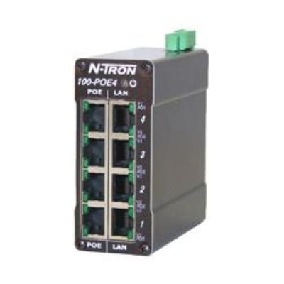 Red Lion 100-POE4-MDR Red Lion 100-POE4-MDR is a Gigabit (GbE) PoE injector featuring 4 RJ45 ports for data input (10/100/1000BaseTX) and 4 RJ45 ports for data and PoE power output (10/100/1000BaseTX), designed for 4-channel operation. This model comes in a tall metal DIN rail (MDR) enclosure, suitable for mounting on a DIN rail. It operates within an ambient air temperature range of -40 to +85°C and is constructed with a metal case. The device utilizes Ethernet as its communication protocol. 100-POE4-MDR on Powermatic Associates