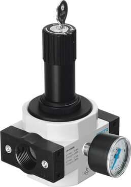 Festo 194662 pressure regulator LRS-3/4-D-7-MAXI With lockable regulator head, working pressure up to 7 bar. Size: Maxi, Series: D, Actuator lock: Rotary knob with integrated lock, Assembly position: Any, Design structure: Piloted piston regulator 194662 on Powermatic Associates