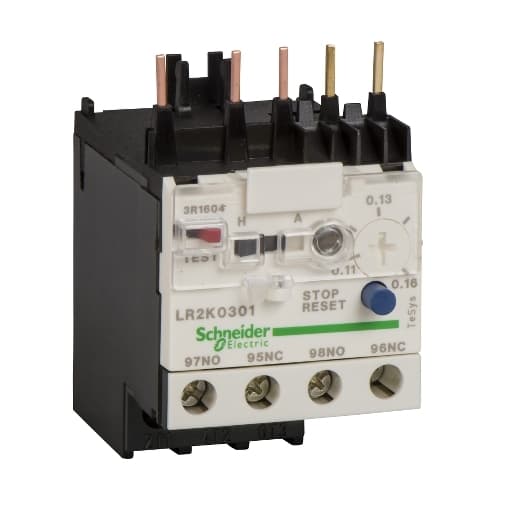 Schneider Electric LR2K0303 Schneider Electric LR2K0303, part of the LR2K sub-range, is a differential thermal overload relay designed for direct connection to a contactor, with outgoing cables featuring screw-clamp connections and a control circuit also utilizing screw-clamp technology. This 3-pole device offers protection functions classified under Class 10A, with a rated current range of 0.23-0.36 A. It includes protection settings for thermal overload within the same current range. The LR2K0303 is equipped with 1 Normally Open (NO) auxiliary contact and 1 Normally Closed (NC) auxiliary contact. It supports a rated voltage (AC) phase-to-phase of up to 690 V, with a minimum current threshold of 0.23 A and a maximum current capacity of 0.36 A. LR2K0303 on Powermatic Associates