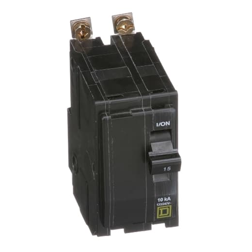Schneider Electric QOB215FT Mini circuit breaker, QO, 15A, 2 pole, 120/240 VAC, 10 kA, bolt on mount, fungal treatment QOB215FT on Powermatic Associates
