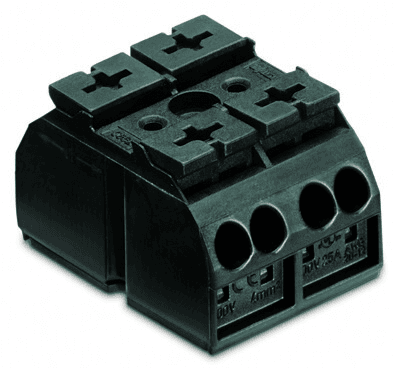 WAGO 862-532 862-532 WAGO - 4-conductor chassis-mount terminal strip; without ground contact; 2-pole; 1 snap-in foot per pole; 4 mm²; 4,00 mm²; black 862-532 on Powermatic Associates