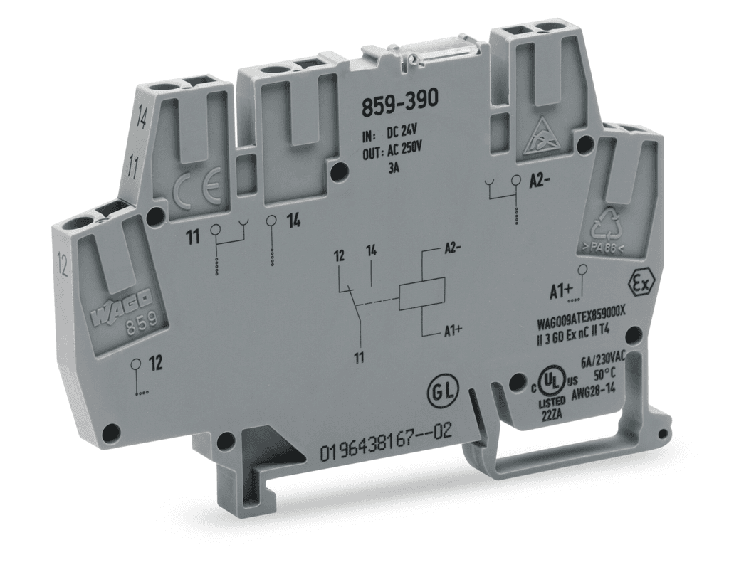 WAGO 859-390 859-390 WAGO - Relay module; Nominal input voltage: 24 VDC; 1 changeover contact; Railway; Red status indicator; Module width: 6 mm; 2,50 mm²; gray 859-390 on Powermatic Associates