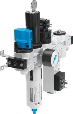 Festo 195203 service unit LFRS-3/4-D-DI-MAXI-KG-A With lockable regulator head and pressure gauge, for nominal pressure 12 bar, for unlubricated compressed air. Size: Maxi, Series: D, Actuator lock: Rotary knob with integrated lock, Assembly position: Vertical +/- 5°, 195203 on Powermatic Associates