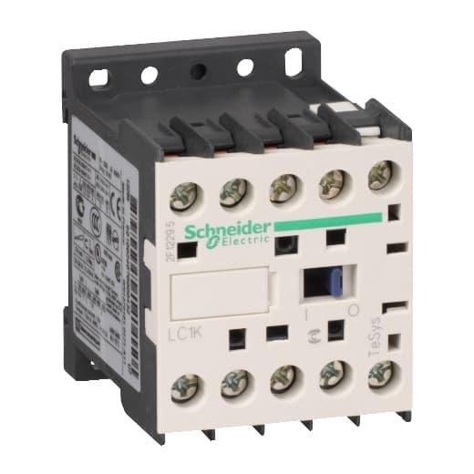 Schneider Electric LC1K0910M7 Schneider Electric LC1K0910M7 is a magnetic contactor within the K sub-range, featuring screw connections and three poles (3P; 3NO). It has a rated current of 20A under AC-1 and 9A at 440Vac under AC-3, with a net width of 45 mm and an IP20 degree of protection. The control voltage (AC) ranges from 176-253Vac (220/230Vac nominal; 50Hz/60Hz; 0.8...1.15 x Uc). Its rated operating voltage (Ue) is up to 690 V, and it includes 1 Normally Open (NO) auxiliary contact but no Normally Closed (NC) auxiliary contacts. The rated impulse voltage (Uimp) is 8 kV, and the rated active power varies from 2.2kW at 220-230Vac to 4kW at 660-690Vac, all under AC-3 conditions. The mechanical durability of this contactor is rated at 10 million operations at no load, and the rated voltage (AC) phase-to-phase is 690 V. LC1K0910M7 on Powermatic Associates