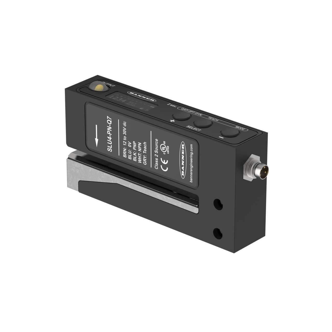 Banner SLU4-BM-Q7 Banner SLU4-BM-Q7 - SLU4 Series: Ultrasonic Label Sensor; Slot width: 4 mm; Input: 12-30 V dc; Output: Bimodal; 4-pin M8 Integral QD SLU4-BM-Q7 on Powermatic Associates