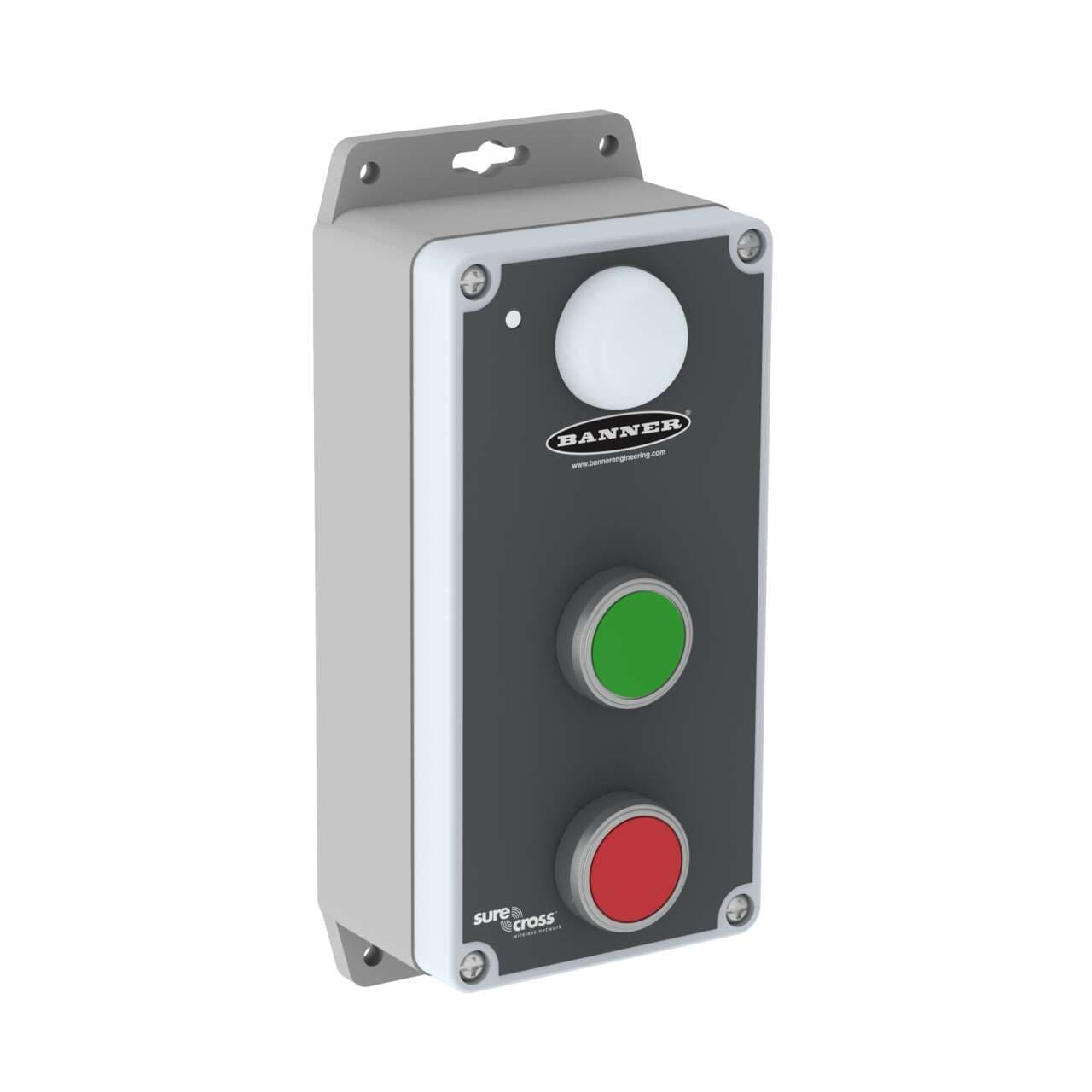 Banner DX80N9Q120PPB11 Wireless Q120 Pendant Node 900 Mhz; Integrated Battery; Two Operator Inputs (2 Flush Push Buttons); Four Color LED Indicator Light Output DX80N9Q120PPB11 on Powermatic Associates