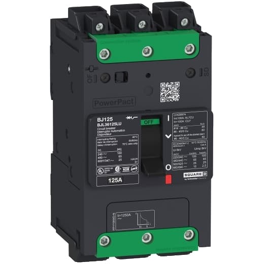 Schneider Electric BDL36110LU Square D by Schneider Electric BDL36110LU is a Moulded Case Circuit Breaker (MCCB) within the PowerPacT BDL sub-range, featuring a PowerPact B-Frame 125 TMD 3P 110A design for 600Y/347Vac with a 14kA breaking capacity and Everlink (Creep compensating) lugs on both line and load sides, plus a Control Wire terminal (CWT) on the line side only. It has a rated impulse voltage (Uimp) of 8 kV, an IP40 degree of protection, and a rated current of 110A. The MCCB operates at a rated voltage of 600Vac 600Y/347Vac, with mechanical durability of 20,000 operations and can be mounted on a DIN rail or as an individual unit on a plate. It features 3 poles (3P), with dimensions of 137 mm in height, 80 mm in depth, and 81 mm in width. The utilisation category is A, and it offers protection settings including over-current fixed at 110A, short-circuit hold current fixed at 1000A, and short-circuit trip current fixed at 1500A. The rated voltage for DC applications is 250Vdc, with a rated insulation voltage (Ui) of 800 V and a rated operating voltage (Ue) of 525 V. Protection functions include thermal protection for overload and magnetic protection for short-circuits, with a trip current rating of 110 AT. Its electrical durability with load is rated for 10,000 operations at 440Vac; In, and it has a frame current rating of 125 AF. The operating mode is manual toggle, and it has a short circuit breaking rating of 25kA at 240Vac, 18kA at 480Vac, 18kA at 480Y/277Vac, 14kA at 600Y/347Vac, and 10kA at 250Vdc, all according to UL489 standards. The trip unit type is thermal-magnetic (fixed) with no display. BDL36110LU on Powermatic Associates
