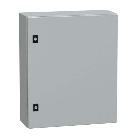 Schneider Electric NSYCRN65200 Schneider Electric NSYCRN65200 is a wall-mounted empty compact universal enclosure with a plain door, designed for wall mounting through wall fixing with 4 holes, sealed with plastic plugs to ensure an IP66 and NEMA 4 degree of protection. This enclosure, part of the CRN sub-range, measures 600 mm in height, 500 mm in width, and 200 mm in depth. It is constructed from steel and coated with epoxy-polyester paint in grey (RAL 7035). The enclosure features a 3 mm double-bar lock type for securing the contents. NSYCRN65200 on Powermatic Associates