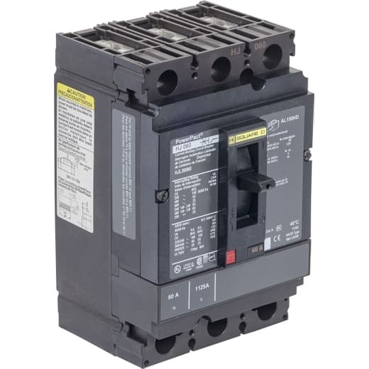 Schneider Electric HJL36060C Square D by Schneider Electric HJL36060C is a Moulded Case Circuit Breaker (MCCB) within the PowerPacT HJL sub-range, featuring a PowerPact H-Frame 150 TMD design. It is a 3-pole (3P) device with a rated current of 60A and offers both thermal protection (overload) and magnetic protection (short-circuit). This MCCB has a rated insulation voltage (Ui) of 750 V, with AC rated voltages of 600Vac and 600Y/347Vac, and a DC rated voltage of 250Vdc. It is designed for individual unit mount on plate, with dimensions of 163 mm in height, 104 mm in width, and 86 mm in depth. The device has an IP40 degree of protection and operates manually via a toggle. Its protection settings include over-current fixed at 60A, short-circuit hold current fixed at 800A, and short-circuit trip current fixed at 1450A. The rated operating voltage (Ue) is 690 V, with a rated impulse voltage (Uimp) of 8 kV. The trip current rating is 60 AT, with a frame current rating of 150 AF. It has a short circuit breaking rating of 100kA at 240Vac, 65kA at 480Vac and 480Y/277Vac, 25kA at 600Vac and 600Y/347Vac, and 20kA at 250Vdc, all according to UL489 standards. The trip unit type is thermal-magnetic (fixed), with no display, and it falls under utilisation category A. Connections are made via lugs on both load and line sides. HJL36060C on Powermatic Associates