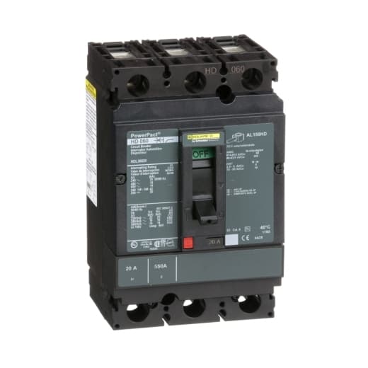 Schneider Electric HDL36020 Square D by Schneider Electric HDL36020 is a Moulded Case Circuit Breaker (MCCB) within the PowerPacT HDL sub-range, featuring a PowerPact H-Frame 150 TMD design. It is a 3-pole (3P) device with a rated current of 20A and offers both thermal protection (overload) and magnetic protection (short-circuit). This MCCB has a rated insulation voltage (Ui) of 750 V, with AC rated voltages of 600Vac and 600Y/347Vac, and a DC rated voltage of 250Vdc. It supports a mounting mode of individual unit mount on plate, with dimensions of 163 mm in height, 104 mm in width, and 86 mm in depth. The HDL36020 provides an IP40 degree of protection and operates with a toggle (manual) mechanism. Its protection settings include over-current fixed at 20A, short-circuit hold current fixed at 350A, and short-circuit trip current fixed at 750A. The rated operating voltage (Ue) is 690 V, with a rated impulse voltage (Uimp) of 8 kV. The trip current rating is 20 AT, with a frame current rating of 150 AF. It has a short circuit breaking rating of 25kA at 240Vac, 18kA at 480Vac and 480Y/277Vac, 14kA at 600Vac and 600Y/347Vac for UL489, and 20kA at 250Vdc for UL489. The trip unit type is thermal-magnetic (fixed), without a display, and it falls under utilisation category A. Connections are made via lugs on both load and line sides. HDL36020 on Powermatic Associates