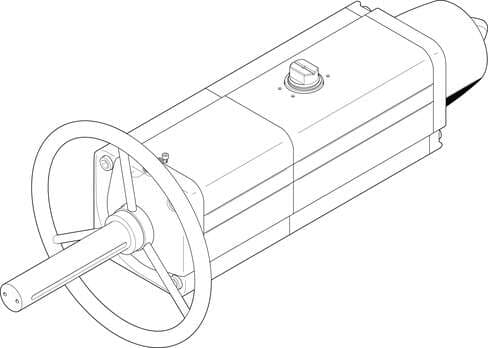 Festo 8005065 semi-rotary drive DAPS-0720-090-RS4-F14-MW single-acting, air connection to VDI/VDE 3845 Namur valves, direct flange mounting, version with handwheel. Size of actuator: 0720, Flange hole pattern: F14, Swivel angle: 92 deg, Shaft connection depth: 38,5 mm, 8005065 on Powermatic Associates
