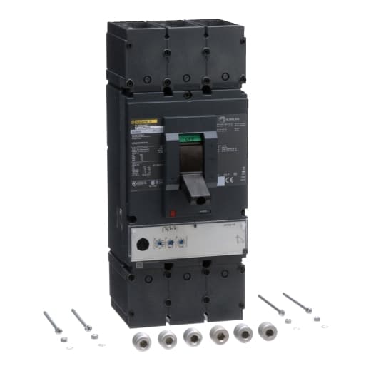 Schneider Electric LDL36600U31X Square D by Schneider Electric LDL36600U31X is a Moulded Case Circuit Breaker (MCCB) from the PowerPacT LDL sub-range, featuring a PowerPact L-Frame 600 Micrologic 3.3 (LI) design. It is a 3-pole (3P) device with a rated current of 600A and a rated insulation voltage (Ui) of 750V. This MCCB operates at a rated voltage (AC) of 600Vac, with a rated voltage (DC) of 250Vdc, and offers a rated operating voltage (Ue) of 690V. It is designed for individual unit mount on plate, with a net height of 382mm, a net width of 153mm, and a net depth of 171mm. The connection type includes lugs on both load and line sides, ensuring a secure connection. It provides protection with an IP40 degree of protection and operates manually via a toggle. The protection functions include long-time protection (L) adjustable from 0.3 to 1 x In (50A to 150A) and instantaneous protection (I) adjustable from 1.5 to 11 x In (900A to 6600A). The trip unit type is an electronic Micrologic Standard 3.3 (LI) with no display, and it has a trip current rating of 600 AT and a frame current rating of 600 AF. The short circuit breaking rating is specified as 25kA at 240Vac, 18kA at 480Vac, and 14kA at 600Vac, according to UL489 standards. It has a rated impulse voltage (Uimp) of 8kV and falls under utilisation category A. LDL36600U31X on Powermatic Associates