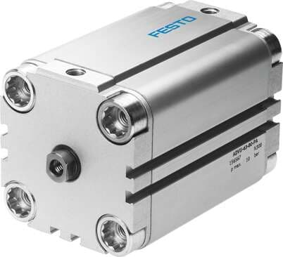 Festo 156583 compact cylinder ADVU-100-50-P-A For proximity sensing, piston-rod end with female thread. Stroke: 50 mm, Piston diameter: 100 mm, Cushioning: P: Flexible cushioning rings/plates at both ends, Assembly position: Any, Mode of operation: double-acting 156583 on Powermatic Associates
