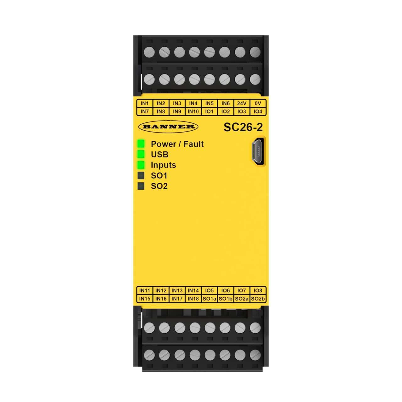 Banner SC26-2 SC26-2 Safety Controller: Non Expandable; 26 Input; 2 pairs of PNP Safety Outputs (0.5 A each); No Display; No Ethernet; USB; 8 Convertible Inputs; Removable Screw Terminals; 24 V dc; 100 mA SC26-2 on Powermatic Associates