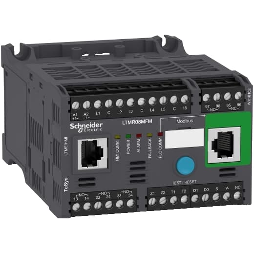 Schneider Electric LTMR08MFM Schneider Electric LTMR08MFM, part of the LTMR (TeSys T) sub-range, is designed for motor management with a variety of control modes including local via terminal block, local via HMI terminal, and remote via network. It supports operating modes such as overload, independent, reverser, 2-step, 2-speed, and custom mode. The part offers comprehensive fault management features like manual, automatic, and remote reset, alongside protection fault counters, protection alarm counters, diagnostic fault counters, motor control function counters, fault history, and diagnostics for internal watchdog fault, controller internal temperature, temperature sensor connection, current connection, voltage connection, and loss of communication. It records motor statistics like the number of motor control commands, operating time, number of starts per hour, last start I max, and duration of last start. Thermal overload statistics include time to trip and time to restart, while system operating statistics cover run, on, start, alarm, and fault statuses. The connection type is 3 measurement current transformers with screw-clamp terminals, and it uses the Modbus communication protocol. It is a 3 Pole device with protection functions for thermal overload, motor temperature, phase imbalance, phase failure, phase reversal, long starting time, locked rotor, minimum and maximum current load limit variation, earth fault, and frequent starting. The rated current ranges from 0.4-8 A, with a maximum of 800 A using CT. Protection settings are detailed for thermal overload, motor temperature, phase imbalance, phase failure, phase reversal, long starting time, locked rotor, current load limit variations, and earth fault. The supply voltage is AC 100-240 V, with a rated voltage for phase-to-phase of 690 V at 50-60Hz. The minimum current is 0.4 A, and the maximum is 8 A. Measurement functions include current/phase, earth current, average current, current imbalance between phases, thermal capacity level, and motor temperature rise. LTMR08MFM on Powermatic Associates