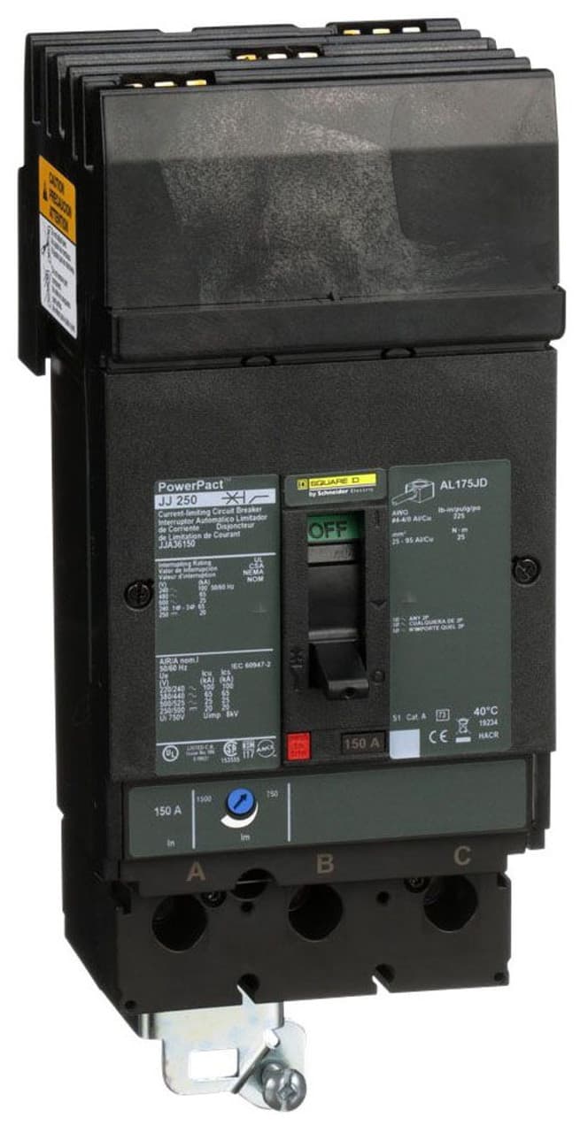 Schneider Electric JJA36150 Square D by Schneider Electric JJA36150 is a Moulded Case Circuit Breaker (MCCB) from the PowerPacT JJA sub-range, designed with a PowerPact J-Frame 250 TMD 3P 150A 600Vac 25kA I-line ABC 80% rated. It features a 3-pole (3P) configuration with thermal protection for overload and magnetic protection for short-circuit scenarios. The rated current is 150A, with a rated insulation voltage (Ui) of 750 V and a rated voltage (AC) of 600Vac 600Y/347Vac. This MCCB offers an I-line connection for ABC phases and mounts on I-line with line side isolated plug-on jaws plus a mechanical I-Line bracket mechanism. It has a net height of 191 mm, a width of 105 mm, and a depth of 127 mm, providing an IP40 degree of protection. The operating mode is manual toggle, with over-current protection fixed at 150A and short-circuit pickup current adjustable between 750A and 1500A. The rated operating voltage (Ue) is 690 V, with a rated impulse voltage (Uimp) of 8 kV. The trip current rating is 150 AT, and the frame current rating is 250 AF. Its short circuit breaking rating varies with voltage, offering 100kA at 240Vac, 65kA at 480Vac and 480Y/277Vac, 25kA at 600Vac and 600Y/347Vac, and 20kA at 250Vdc, all under UL489. The trip unit type is thermal-magnetic (adjustable) without a display, and it falls under utilisation category A. JJA36150 on Powermatic Associates
