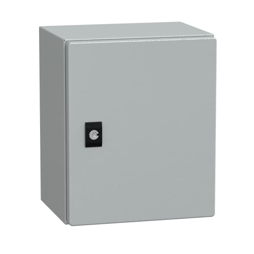 Schneider Electric NSYCRN325200 Schneider Electric NSYCRN325200 is a wall-mounted empty compact universal enclosure with a plain door, designed for wall mounting through wall fixing with 4 holes, sealed with plastic plugs to ensure an IP66 and NEMA 4 degree of protection. This enclosure, part of the CRN sub-range, measures 300 mm in height, 250 mm in width, and 200 mm in depth. It is constructed from steel and coated with epoxy-polyester painting for durability. The enclosure is finished in grey (RAL 7035) and features a 3 mm double-bar lock type for securing the contents. NSYCRN325200 on Powermatic Associates