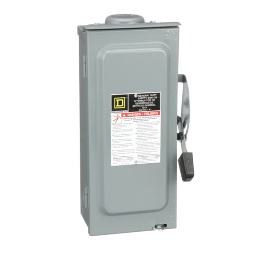 Schneider Electric D222NRB Schneider Electric D222NRB is a switch-disconnector with a main function as a General Duty Single Throw Safety Switch (Fused). It features a net width of 168 mm, operates via a toggle mode, and is equipped with lugs type terminals. This part falls under the sub-range of Safety switches (General Duty) and is designed to handle a rated current of 60 A with 2 Pole(s). The net depth is measured at 189 mm, and it has a net height of 378 mm. It supports a rated voltage (AC) - Phase-to-phase of 240 V and offers a short circuit breaking rating of 100kA maximum, which is dependent on the use of fuse types H, K, or R kA. D222NRB on Powermatic Associates