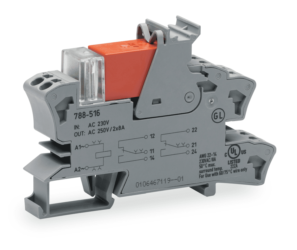 WAGO 788-512 788-512 WAGO - Relay module; Nominal input voltage: 24 VAC; 2 changeover contacts; Limiting continuous current: 8 A; Red status indicator; Module width: 15 mm; 2,50 mm²; gray 788-512 on Powermatic Associates
