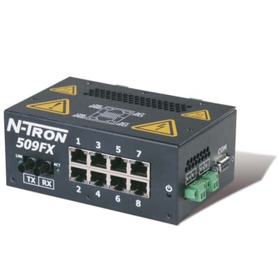Red Lion 509FXE-A-SC-40 Red Lion 509FXE-A-SC-40 is an Ethernet Switch designed for industrial process control with monitored Ethernet switch capabilities. It features IGMP Auto Configuration, VLAN, QoS, Trunking or Link aggregation, Port Mirroring, and N-View Remote Monitoring Technology. This switch operates on a supply voltage of 10-30Vdc, including redundant power inputs, and offers connectivity through 8 RJ45 ports (10/100BaseTX) and 1 Fiber optic SC connector (single-mode) with a 100BaseFX rated current and a 40km rated optical fiber length. It incorporates advanced management firmware, supports an ambient air temperature for storage of -40 to +85 degrees Celsius, and achieves a maximum throughput of 2.6Gbit/s. The component utilizes DIN rail technology, has a metallic case, and is specified as a 9-ports device within the N-Tron 500-A series, adhering to the UNSPSC code. 509FXE-A-SC-40 on Powermatic Associates