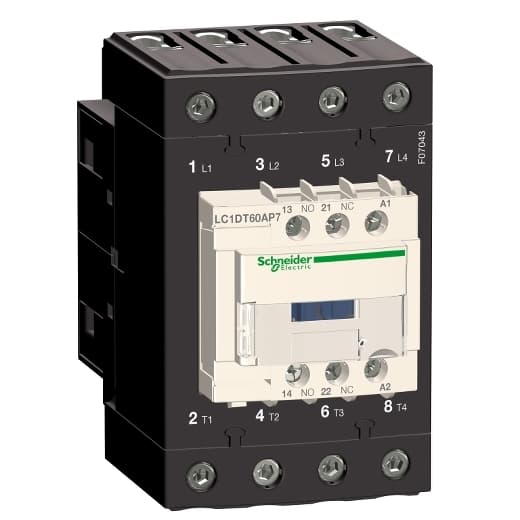 Schneider Electric LC1DT60AD7 Schneider Electric LC1DT60AD7 is a magnetic contactor from the Deca sub-range, featuring an EverLink(TM) terminal design and screw connections for secure installation. This 4-pole (4P; 4NO) contactor is designed to handle a rated current of 60A (AC-1) and can be mounted on a DIN rail. It has a net width of 70 mm and offers a degree of protection rated at IP20. The control voltage (AC) ranges from 33.6-46.2Vac at 50Hz and 35.7-46.2Vac at 60Hz, with a nominal voltage of 42Vac. It operates at a rated operating voltage (Ue) of up to 690 V and includes 1 Normally Open (NO) and 1 Normally Closed (NC) auxiliary contacts, both rated for instantaneous operation. The contactor is designed for mechanical durability up to 6,000,000 operations at no load and has a rated impulse voltage (Uimp) of 6 kV. The rated voltage (AC) for phase-to-phase connections is 690 V. LC1DT60AD7 on Powermatic Associates