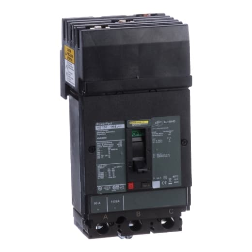 Schneider Electric HGA36090 Square D by Schneider Electric HGA36090 is a Moulded Case Circuit Breaker (MCCB) within the PowerPacT HGA sub-range. It features a PowerPact H-Frame 150 TMD design, suitable for 3-pole (3P) applications with a rated current of 90A. This MCCB operates with a rated insulation voltage (Ui) of 750 V, and it can handle rated voltages of 600Vac 600Y/347Vac and 500Vdc. It is designed for I-line connections (ABC phases) and mounts on I-line with line side isolated plug-on jaws plus a mechanical I-Line bracket mechanism for robust attachment. The device offers thermal protection for overload scenarios and magnetic protection for short-circuit conditions. Its protection settings include over-current fixed at 90A and short-circuit protection with hold current fixed at 800A and trip current fixed at 1450A. The HGA36090 has a net height of 163 mm, a net width of 104 mm, and a net depth of 86 mm, featuring an IP40 degree of protection. The operating mode is manual toggle, with no display for the trip unit, which is of a fixed thermal-magnetic type. It has a frame current rating of 150 AF and a trip current rating of 90 AT, with a short circuit breaking rating that varies depending on the voltage and conforms to UL489 standards. The rated operating voltage (Ue) is 690 V, with a rated impulse voltage (Uimp) of 8 kV, and it falls under utilisation category A. HGA36090 on Powermatic Associates