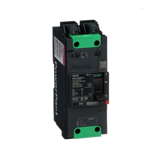 Schneider Electric BDL26080LU Square D by Schneider Electric BDL26080LU is a Moulded Case Circuit Breaker (MCCB) within the PowerPacT BDL sub-range. It features a PowerPact B-Frame 100 TMD 2P 80A design, operating at 600Y/347Vac with a 14kA breaking capacity and includes Everlink (Creep compensating) lugs on both line and load sides, plus a Control Wire terminal (CWT) on the line side only. This MCCB has an IP40 degree of protection, a rated current of 80A, and a rated voltage of 600Vac 600Y/347Vac. It offers mechanical durability of 20,000 operations and can be mounted either on a DIN rail or as an individual unit on a plate. The device has 2 poles (2P), with dimensions of 137 mm in height, 80 mm in depth, and 54 mm in width. It falls under utilisation category A and provides over-current protection fixed at 80A, short-circuit hold current protection fixed at 800A, and short-circuit trip current protection fixed at 1200A. The rated voltage for DC applications is 250Vdc, with a rated insulation voltage (Ui) of 800 V and a rated operating voltage (Ue) of 525 V. It includes thermal protection for overload and magnetic protection for short-circuits, with a trip current rating of 80 AT. The electrical durability with load is rated at 10,000 operations at 440Vac; In, and the frame current rating is 100 AF. The operating mode is manual toggle, and the short circuit breaking rating varies from 25kA at 240Vac to 10kA at 250Vdc, according to UL489 standards. The trip unit type is thermal-magnetic (fixed) without a display. BDL26080LU on Powermatic Associates