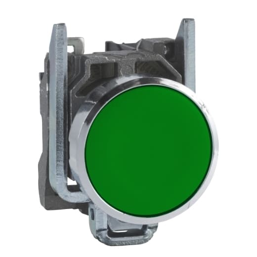 Schneider Electric XB4BA31 Schneider Electric XB4BA31 is a flush modular push-button designed for various automation applications. This push-button, part of the XB4 sub-range, features a chromium-plated bezel and a body made of Zamak, with a metal bezel for enhanced durability. It has a round shape with a diameter of 22 mm, and its dimensions include a net height of 47 mm, a net depth of 52 mm, and a net width of 30 mm. The XB4BA31 is equipped with 1 Normally Open (NO) auxiliary contact and offers short-circuit protection by a 10A gG cartridge fuse. It is rated for an impulse voltage (Uimp) of 6 kV and has a degree of protection rated at IP66, NEMA 4X, and NEMA 13, ensuring its suitability for demanding environments. The mechanical durability of this push-button is rated at 5,000,000 operations without load, and its electrical durability with load is 1,000,000 operations. The control circuit rated current (Ith) varies with voltage: 10 A at 120Vac (AC-15), 6 A at 240Vac (AC-15), 3 A at 600Vac (AC-15), 1.2 A at 125Vdc (DC-13), 0.55 A at 250Vdc (DC-13), and 0.27 A at 600Vdc (DC-13), with a minimum of 0.1 A. It features screw-clamp type terminals, requires an operating force of 3.8 N, and operates on a spring-return (impulse/momentary) mode. XB4BA31 on Powermatic Associates